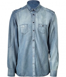 Stylish denim shirt in fine blue cotton-rayon blend - casual, washed used look - trendy slim cut, with shoulder epaulets and chest pockets - button placket - a favorite shirt for parties and leisure - with chinos, cargo pants or shorts Stylish denim shirt in fine blue cotton-rayon blend - casual, washed used look - trendy slim cut, with shoulder epaulets and chest pockets - button placket - a favorite shirt for parties and leisure - with chinos, cargo pants or shorts