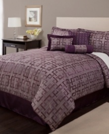 An intense purple palette commingles with a modern geometric design and subtle stripes to lend an air of sophistication to the bedroom in this jacquard woven Westcott comforter set. An intense purple palette commingles with a modern geometric design and subtle stripes to lend an air of sophistication to the bedroom in this jacquard woven Westcott comforter set.