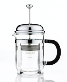 Truly a classic, this original French press brings sleek style to your countertop and satisfies your senses with wildly aromatic and incredibly indulgent brews. The durable chrome finish, heat-resistant glass beaker and stainless steel filter and plunger come together to make a deeper, richer, more satisfying blend than you've ever experienced. 1-year warranty. Truly a classic, this original French press brings sleek style to your countertop and satisfies your senses with wildly aromatic and incredibly indulgent brews. The durable chrome finish, heat-resistant glass beaker and stainless steel filter and plunger come together to make a deeper, richer, more satisfying blend than you've ever experienced. 1-year warranty.