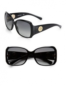 This classically shaped, acetate frame features a full rim style and interchangeable black or ivory logo dics on the temples. Available in black with grey gradient lens. Interchangeable black or ivory logo dics temples100% UV protectionImported This classically shaped, acetate frame features a full rim style and interchangeable black or ivory logo dics on the temples. Available in black with grey gradient lens. Interchangeable black or ivory logo dics temples100% UV protectionImported