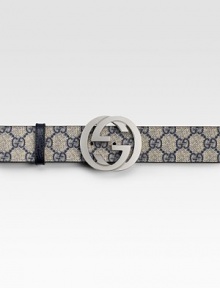 GG plus coated canvas with leather trim and silver hardware. About 1½ wide Made in Italy 