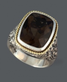 Get cocktail-ready in this sparkling style from Balissima by Effy Collection. Ring features a faceted smokey quartz (9-1/4 ct. t.w.) set in scrolling sterling silver and 18k gold rope edging. Size 7. Get cocktail-ready in this sparkling style from Balissima by Effy Collection. Ring features a faceted smokey quartz (9-1/4 ct. t.w.) set in scrolling sterling silver and 18k gold rope edging. Size 7.