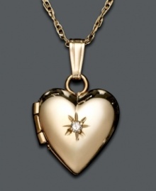 Filled with a picture of mom and dad or grandma and grandpa, give this 14k gold pendant to a deserving little girl. Heart locket features single diamond accent. Approximate length: 15 inches. Approximate drop: 1/2 inch. Filled with a picture of mom and dad or grandma and grandpa, give this 14k gold pendant to a deserving little girl. Heart locket features single diamond accent. Approximate length: 15 inches. Approximate drop: 1/2 inch.