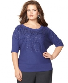 Dazzle from day to play in Calvin Klein's elbow sleeve plus size sweater, featuring a sequined front. (Clearance)