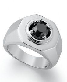 Sophistication and shine. This polished men's ring features a sleek sterling silver setting and a round-cut black diamond at center (2 ct. t.w.). Size 10-1/2. Sophistication and shine. This polished men's ring features a sleek sterling silver setting and a round-cut black diamond at center (2 ct. t.w.). Size 10-1/2.