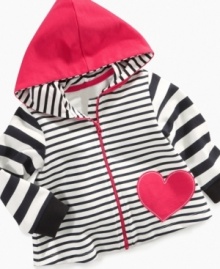This First Impressions striped hoodie will keep her warm and its adorable style will warm your heart. This First Impressions striped hoodie will keep her warm and its adorable style will warm your heart.