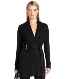 Calvin Klein's chic wrap sweater features ribbed touches and a belted waist.