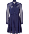 Ultra-feminine and undeniably chic, this sheer bodice dress from DKNY is a cocktail-ready must-have - Sheer bodice with stand collar with tie-neck and long sleeves, front button half placket, solid camisole dress underlay, full tiered skirt - Wear with an A-line wool coat and high-heel booties