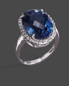 Diamonds frame a checkerboard London blue topaz, set in 14K white gold.