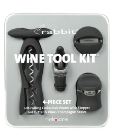 Four essential tools for opening, pouring and sealing a fresh bottle of red, white or bubbly make this Metrokane wine tool kit, featuring the famous Rabbit corkscrew, a pleasure to give and receive. Four essential tools for opening, pouring and sealing a fresh bottle of red, white or bubbly make this Metrokane wine tool kit, featuring the famous Rabbit corkscrew, a pleasure to give and receive.