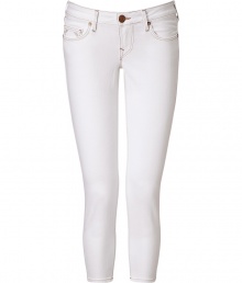 Add these bright white skinnies to your look for maximum style - Classic five-pocket styling, slim fit, cropped, logo-detailed back pockets - Style with a relaxed top, a leather jacket, and wedge booties