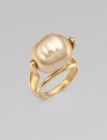 A single champagne pearl sits atop this 18k goldplated sterling silver ring. 16mm baroque champagne organic man-made pearl 18k goldplated sterling silver Width, about ¾ Imported 