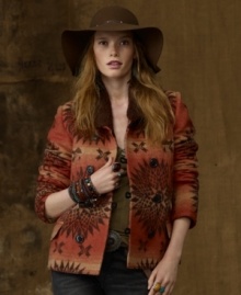 Tailored in a fitted silhouette for a chic look, Denim & Supply Ralph Lauren's vintage-inspired wool pea coat exudes refined bohemian style with a bold jacquard pattern and a luxe shearling shawl collar. Tailored in a fitted silhouette for a chic look, Denim & Supply Ralph Lauren's vintage-inspired wool pea coat exudes refined bohemian style with a bold jacquard pattern and a luxe shearling shawl collar.