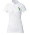 Detailed in breathable cotton stretch mesh, Ralph Laurens big pony polo is a cool modern take on this iconic style - Small collar, button placket, short sleeves, oversized shiny green embroidered polo player at chest, slit sides, high-low hemline - Slim fit - Wear with your favorite jeans and just as bright loafers