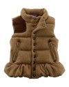 The essential down vest gets a tailored update in a preppy herringbone tweed with a suede shoulder patch and peplum for a heritage look.
