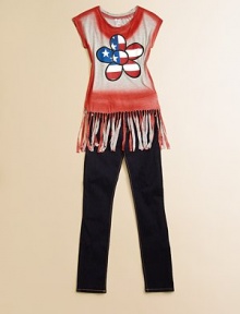 A patriotic take on a 70's-inspired design with fringed hem and floral American flag design for cool style.ScoopneckShort sleevesPullover styleFringed hemRayonHand washImported