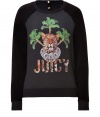 Take a walk on the wild side in Juicy Coutures tiger print paneled velour sweatshirt - Rounded neckline, long sleeves, snap closures at nape, fitted cuffs and hemline, silky front panel with print - Classic straight cut - Wear with chunky chain jewelry and jet black skinnies