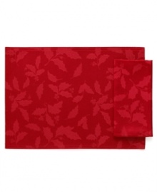 Dress up your table with the Holly Damask napkin from Lenox. A timeless design and machine washable blend in lustrous red bring lasting elegance to seasonal dining. Dress up your table with the Holly Damask napkin from Lenox. A timeless design and machine washable blend in lustrous red bring lasting elegance to seasonal dining.