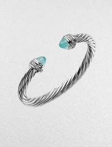 From the Cable Collection. An iconic design with aqua chalcedony caps accented in dazzling diamonds. Aqua chalcedonyDiamonds, .48 tcwSterling silverDiameter, about 2½Slip-on styleImported From the Cable Collection. An iconic design with aqua chalcedony caps accented in dazzling diamonds. Aqua chalcedonyDiamonds, .48 tcwSterling silverDiameter, about 2½Slip-on styleImported