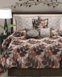 An eclectic mosaic design with simple leaf accents captures the essence of modern charm in this jacquard woven Arcadia comforter set. Shams, bedskirt and three decorative pillows all in a warm palette of orange, brown and gray tie together this contemporary look inspired by nature. An eclectic mosaic design with simple leaf accents captures the essence of modern charm in this jacquard woven Arcadia comforter set. Shams, bedskirt and three decorative pillows all in a warm palette of orange, brown and gray tie together this contemporary look inspired by nature.
