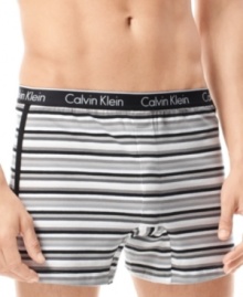 Update your underwear with a touch of style. These knit Calvin Klein boxers in ultra-soft stretch cotton jersey sport a colorful striped design and a slimmer fit. Update your underwear with a touch of style. These knit Calvin Klein boxers in ultra-soft stretch cotton jersey sport a colorful striped design and a slimmer fit.