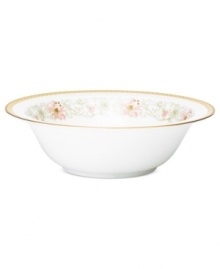 East meets West in the ornate Blooming Splendor vegetable bowl by Noritake. A Japanese-inspired pattern with raised dots encircles intricate florals rooted in white bone china. East meets West in the ornate Blooming Splendor vegetable bowl by Noritake. A Japanese-inspired pattern with raised dots encircles intricate florals rooted in white bone china.