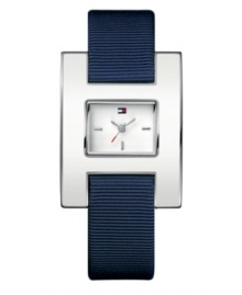 Crisp Americana style. Watch by Tommy Hilfiger crafted of blue grosgrain ribbon strap and rectangular stainless steel case with white enamel bezel. White dial features silver tone stick indices at three, six and nine o'clock, three hands and iconic flag logo at twelve o'clock. Quartz movement. Water resistant to 30 meters. Ten-year limited warranty. Crisp Americana style. Watch by Tommy Hilfiger crafted of blue grosgrain ribbon strap and rectangular stainless steel case with white enamel bezel. White dial features silver tone stick indices at three, six and nine o'clock, three hands and iconic flag logo at twelve o'clock. Quartz movement. Water resistant to 30 meters. Ten-year limited warranty.