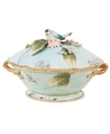 A charming part of any casual landscape, this fanciful tureen from Fitz and Floyd combines all the special details of the elaborate Toulouse collection, from its sculpted blooms and twig edges, to colorful birds and butterflies. A charming part of any casual landscape, this fanciful tureen from Fitz and Floyd combines all the special details of the elaborate Toulouse collection, from its sculpted blooms and twig edges, to colorful birds and butterflies.