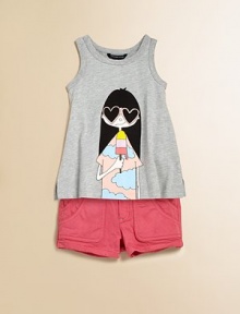 Shady Miss Marc and her popsicle are adorned on the front of this sporty, versatile knit.CrewneckSleevelessFlared hem73% cotton/27% polyesterMachine washImported