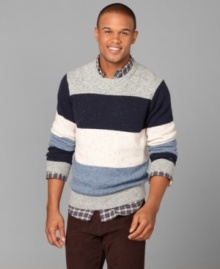 Perfect blocking. Make a few bold moves in this color-blocked sweater from Tommy Hilfiger. Perfect blocking. Make a few bold moves in this color-blocked sweater from Tommy Hilfiger.