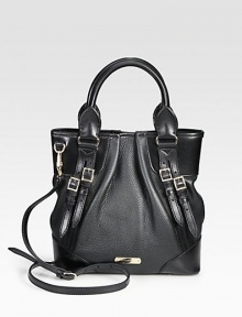 Luxurious smooth and pebbled leather with pleated details and elegant buckled strap accents.Double top handles, 5½ dropDetachable adjustable shoulder strap, 21-24 dropMagnetic snap closureOne inside zip pocketTwo inside open pocketsCheck printed linen lining11W X 11½H X 4½DMade in Italy Luxurious smooth and pebbled leather with pleated details and elegant buckled strap accents.Double top handles, 5½ dropDetachable adjustable shoulder strap, 21-24 dropMagnetic snap closureOne inside zip pocketTwo inside open pocketsCheck printed linen lining11W X 11½H X 4½DMade in Italy