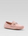 Sumptuous suede driving shoe with distinct horsebit detail.Suede upper Slip-on Hypoallergenic palladium finish hardware Pebble rubber sole Made in Italy Additional InformationKid's Shoe Size Guide (European Equivalent) 
