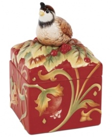 The ultimate gift box, this Bountiful Holiday keeper from Fitz and Floyd is rich with detail, from the sculpted autumnal pattern to its figural bird and berry lid. A gift in itself or an elegant way to present something smaller.