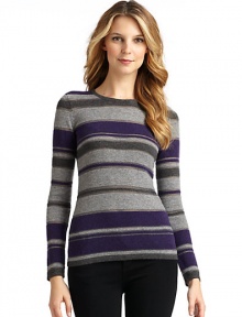 THE LOOKLuxe 2-ply cashmere from expertly maintained inner Mongolian cashmere goatsFeatures long, fine, smooth fibers top-dyed for maximum color saturationStriped designOpen weave metallic accentsRibbed roundneckLong ribbed cuff sleevesRibbed hemTHE FITAbout 24 from shoulder to hemTHE MATERIALCashmereCARE & ORIGINDry cleanImportedModel shown is 5'10 (177cm) wearing US size Small. 