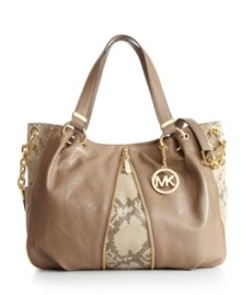 Add a little edge to your designer handbag collection with the Newman from MICHAEL Michael Kors. Exposed zipper detail, embossed python accents and 18K gold hardware take this tote over the top. Add a little edge to your designer handbag collection with the Newman from MICHAEL Michael Kors. Exposed zipper detail, embossed python accents and 18K gold hardware take this tote over the top.