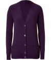 Luxurious cardigan in a fine heathered purple cashmere - Particularly soft, elegant quality - New, long, slim boyfriend style comes down over your hip - Feminine fitted cut - With a deep V-neck d?collet? and two pockets - Stylish, but casual at the same time - Style: casual with jeans, cool with leggings, elegant with a pencil skirt