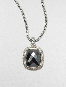 From the Noblesse Collection. A beautifully, faceted hematite stone surrounded by dazzling diamonds in sterling silver on a box chain. HematiteDiamonds, .3 tcwSterling silverLength, about 17Pendant size, about ½Lobster clasp closureImported From the Noblesse Collection. A beautifully, faceted hematite stone surrounded by dazzling diamonds in sterling silver on a box chain. HematiteDiamonds, .3 tcwSterling silverLength, about 17Pendant size, about ½Lobster clasp closureImported