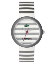 Subtle cool from the always sporty Lacoste. This unisex Goa watch is crafted of gray stripe silicone strap and round plastic case. Gray stripe dial features iconic crocodile logo, cutout hour and minute hands and red second hand. Quartz movement. Water resistant to 30 meters. Two-year limited warranty.