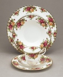 This popular bone china pattern surrounds blooming sprays of colorful English roses with hand-applied bands of 22K gold. Safe for use in the dishwasher, oven and freezer. Manufacturer's two-year warranty. This popular bone china pattern surrounds blooming sprays of colorful English roses with hand-applied bands of 22K gold. Safe for use in the dishwasher, oven and freezer. Manufacturer's two-year warranty.