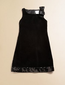 A cocktail dress for the pre-cocktail set, sweet and sophisticated in plush velvet with sequined trim.Squared neckline with sequined bow at one shoulderSleevelessSlight A-line shapeHidden back zipperSequined hem borderFully linedCottonMachine washImported A cocktail dress for the pre-cocktail set, sweet and sophisticated in plush velvet with sequined trim.Squared neckline with sequined bow at one shoulderSleevelessSlight A-line shapeHidden back zipperSequined hem borderFully linedCottonMachine washImported