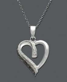 This asymmetrical heart necklace is both charming and practical. Pendant features round-cut black and white diamonds (1/10 ct. t.w.) in a sterling silver setting. Approximate length: 18 inches. Approximate drop: 1-1/8 inches. This asymmetrical heart necklace is both charming and practical. Pendant features round-cut black and white diamonds (1/10 ct. t.w.) in a sterling silver setting. Approximate length: 18 inches. Approximate drop: 1-1/8 inches.