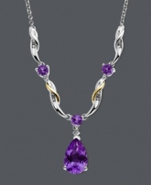 Make a bold statement with a bright wave of color. Startling round and pear-cut amethyst (3-1/4 ct. t.w.) accented with glittering diamond is surrounded by swirls of sterling silver and 14k gold. Approximate length: 14 inches. Approximate drop: 3/4 inch. Make a bold statement with a bright wave of color. Startling round and pear-cut amethyst (3-1/4 ct. t.w.) accented with glittering diamond is surrounded by swirls of sterling silver and 14k gold. Approximate length: 14 inches. Approximate drop: 3/4 inch.