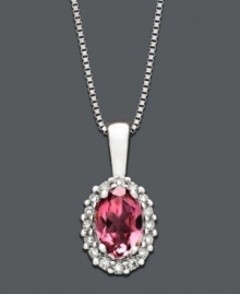 Channel a look fit for royalty. Pendant features vibrant oval-cut pink tourmaline (3/8 ct. t.w.) surrounded by a sparkling halo of round-cut diamond accents. Crafted in 14k white gold. Approximate length: 18 inches. Approximate drop: 1/2 inch. Channel a look fit for royalty. Pendant features vibrant oval-cut pink tourmaline (3/8 ct. t.w.) surrounded by a sparkling halo of round-cut diamond accents. Crafted in 14k white gold. Approximate length: 18 inches. Approximate drop: 1/2 inch.