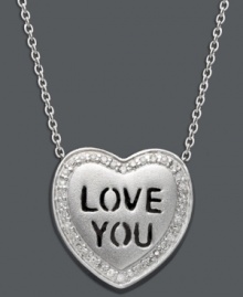 What better way to express yourself? Put it all on the line with Sweethearts' stylish Love You pendant. Crafted from sterling silver, pendant features a chic heart shape and sparkling round-cut diamonds (1/10 ct. t.w.). Approximate length: 16 inches + 2-inch extender. Approximate drop: 5/8 inch. What better way to express yourself? Put it all on the line with Sweethearts' stylish Love You pendant. Crafted from sterling silver, pendant features a chic heart shape and sparkling round-cut diamonds (1/10 ct. t.w.). Approximate length: 16 inches + 2-inch extender. Approximate drop: 5/8 inch.