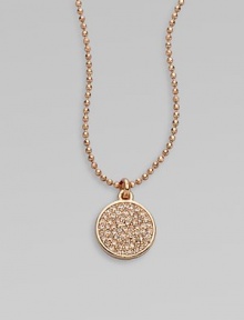 Add a little sparkle with this brilliant pavé rhinestone pendant on a ball link chain. Light peach rhinestonesRose goldtone brassLength, about 16Pendant size, about ½ Toggle closureImported Add a little sparkle with this brilliant pavé rhinestone pendant on a ball link chain. Light peach rhinestonesRose goldtone brassLength, about 16Pendant size, about ½ Toggle closureImported
