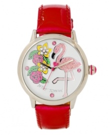 Flamingo wild with Betsey Johnson. Watch crafted of fuchsia leather bracelet and round silver tone mixed metal case. White dial features flamingo graphic with crystal accents, round pink crystal accent markers at twelve, three, six and nine o'clock, hour and minute hands, signature fuchsia second hand and logo. Quartz movement. Water resistant to 30 meters. Two-year limited warranty. Flamingo wild with Betsey Johnson. Watch crafted of fuchsia leather bracelet and round silver tone mixed metal case. White dial features flamingo graphic with crystal accents, round pink crystal accent markers at twelve, three, six and nine o'clock, hour and minute hands, signature fuchsia second hand and logo. Quartz movement. Water resistant to 30 meters. Two-year limited warranty.