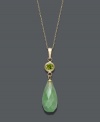 Serene and stylish. This tranquil pendant features a faceted jade teardrop (18 mm x 8 mm) accented by a sparkling, round-cut peridot (1 ct. t.w.). Setting and chain crafted in 14k gold. Approximate length: 18 inches. Approximate drop: 1-1/4 inches.