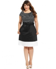 Look darling from desk to dinner with Spense's short sleeve plus size dress, featuring a polka-dot top and colorblocked skirt.