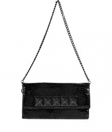 Bring hard-edge glamour to cocktail looks with this pyramid stud accented python embossed clutch from MICHAEL Michael Kors - Rectangular shape, flap with black crystal embellished pyramid studs, removable chain-link shoulder strap, glossy black python embossed leather, inside front wall slot pocket - Style with a form-fitting cocktail dress, a leather jacket, and platform pumps Bring hard-edge glamour to cocktail looks with this pyramid stud accented python embossed clutch from MICHAEL Michael Kors - Rectangular shape, flap with black crystal embellished pyramid studs, removable chain-link shoulder strap, glossy black python embossed leather, inside front wall slot pocket - Style with a form-fitting cocktail dress, a leather jacket, and platform pumps
