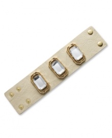 A beige base. Complement the vibrant colors of spring with Bar III's netural-colored leather cuff bracelet. Accented by gold-plated mixed metal snaps and chunky glass stones for spunk. Approximate length: 8-1/2 inches. A beige base. Complement the vibrant colors of spring with Bar III's netural-colored leather cuff bracelet. Accented by gold-plated mixed metal snaps and chunky glass stones for spunk. Approximate length: 8-1/2 inches.